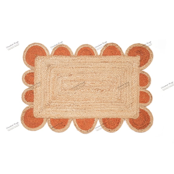 Area Rug Natural Fiber Jute Hand Braided Rug Orange Scalloped Pattern Rug