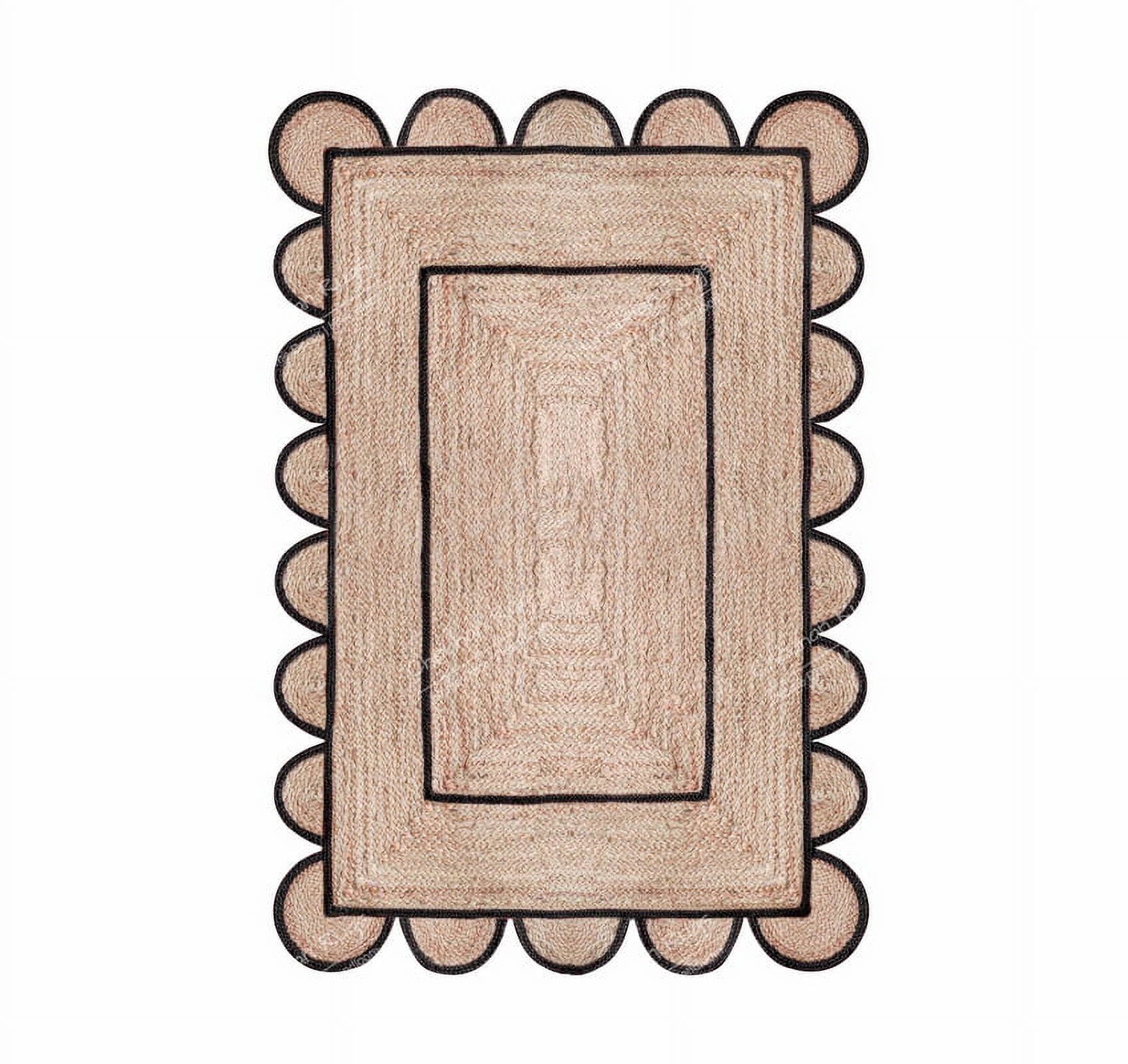 Area Rug Natural Jute Hand Braided Rug Black Scalloped Runner