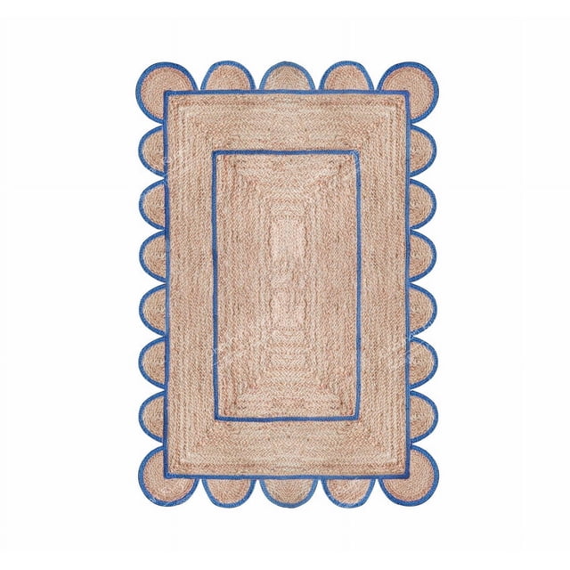 Natural Inset Rug Light Area Rug Natural Jute Hand Braided Rug Light Blue Scalloped Runner ...
