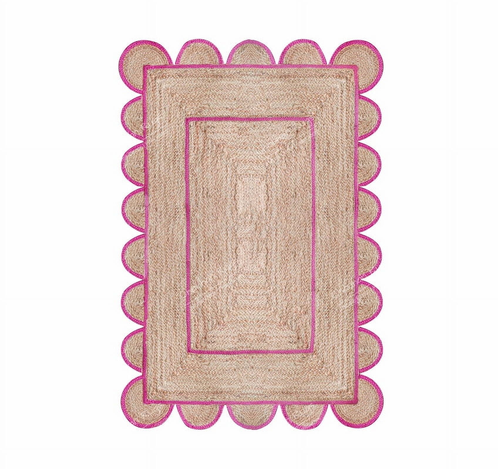 Area Rug Natural Jute Hand Braided Rug Pink Scalloped Runner