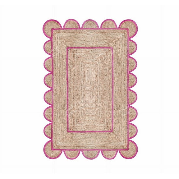 Area Rug Natural Jute Hand Braided Rug Pink Scalloped Runner