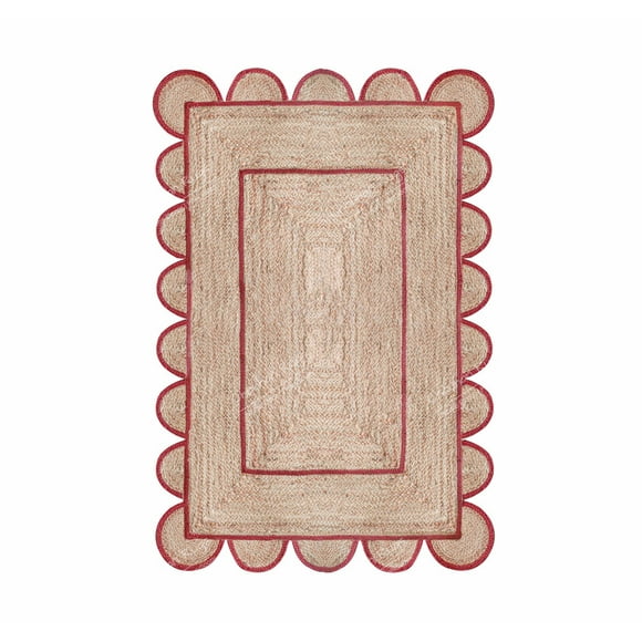 Area Rug Natural Jute Hand Braided Rug Red Scalloped Runner
