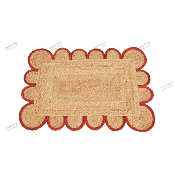 Area Rug Natural Jute Hand Braided Rug Red Scalloped