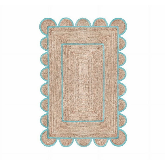 Area Rug Natural Jute Hand Braided Rug Turquoise Scalloped Runner