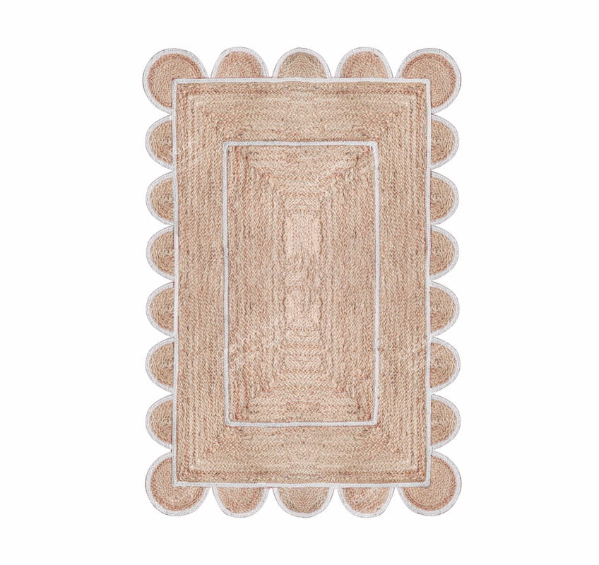 Area Rug Natural Jute Hand Braided Rug White Scalloped Runner