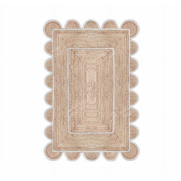 Area Rug Natural Jute Hand Braided Rug White Scalloped Runner