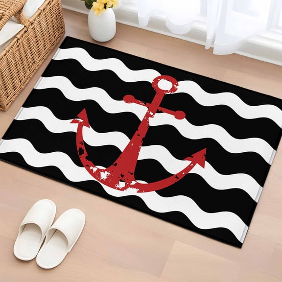 Area Rug Nautical Red Anchor Ocean Rectangle Area Rugs Washable Rug for Living Room Bedroom Dining Room, Retro Black and White Stripe Soft Non-slip Floor Carpet 2x3ft