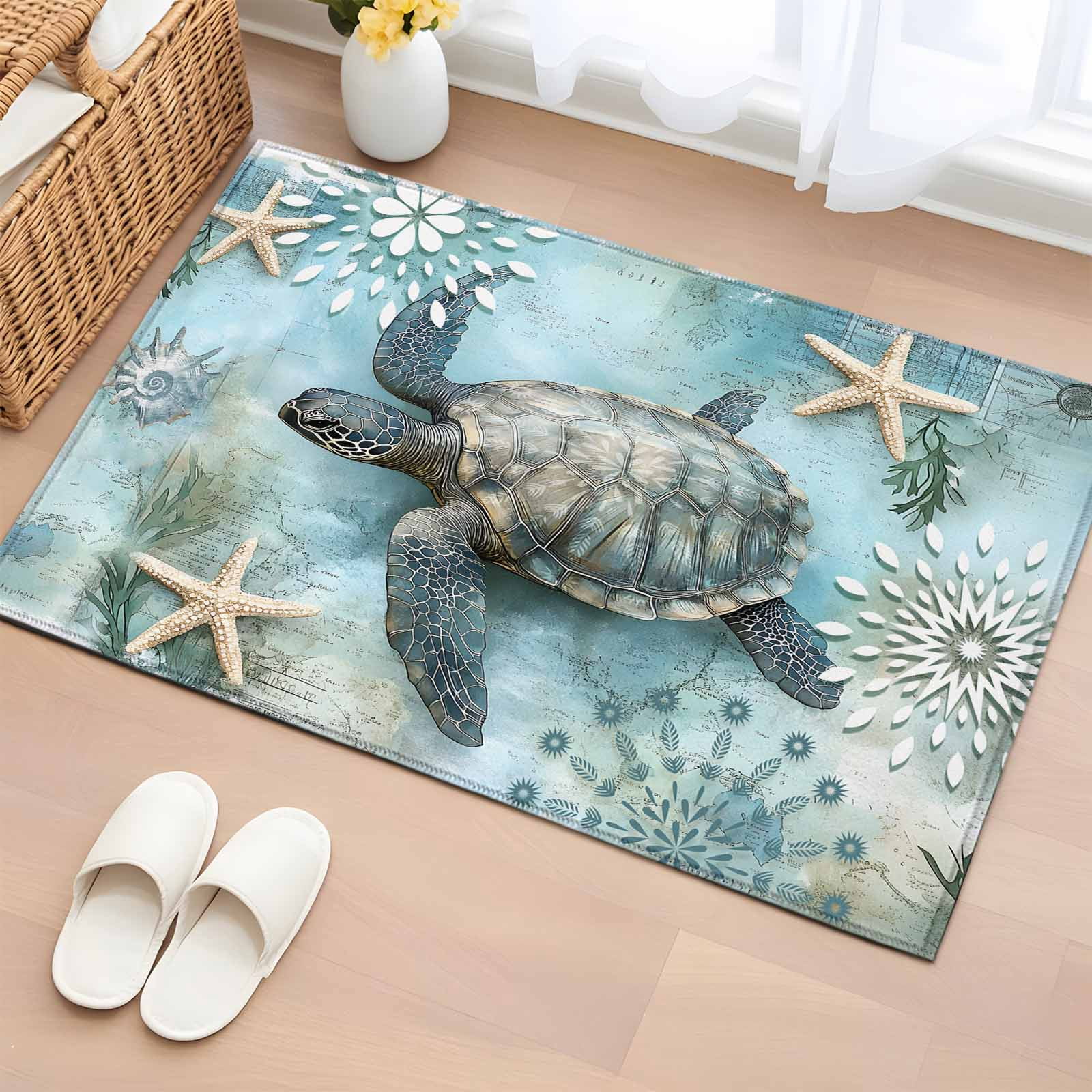 Blue Turtle Rug Area Rug Nautical Sea Turtle Ocean Starfish Conch Rectangle Area Rugs ...