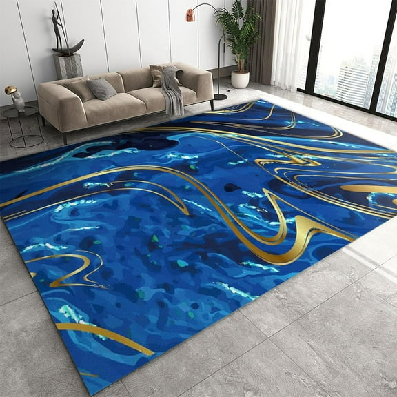 Area Rug Navy Blue Marble Abstract Area Rug,Geometric Golden Stripe Indoor Accent Rug,Soft Stain Resistant Easy-Cleaning,Apply To Living Room Bedroom Dining Room Home Decoe Rug 4x5ft