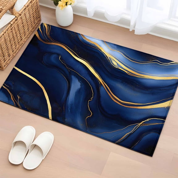 Area Rug Navy Blue Marble Gold Foil Rectangle Area Rugs Washable Rug for Living Room Bedroom Dining Room, Abstract Geometric Minimalist Style Soft Non-slip Floor Carpet 2x3ft
