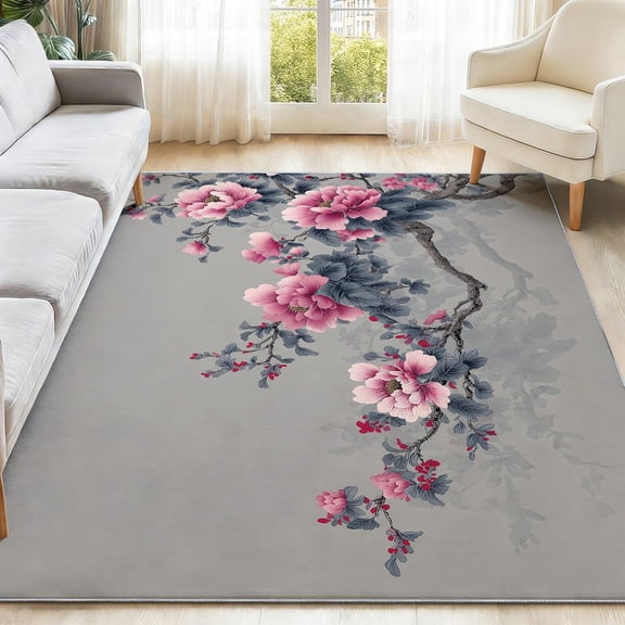 Area Rug Non-Slip Chinese Ink Plum Blossoms Painting Style Printed Carpet for Living Room,Soft Low Pile Rugs for Bedroom Dining Room Office-5' x 8'