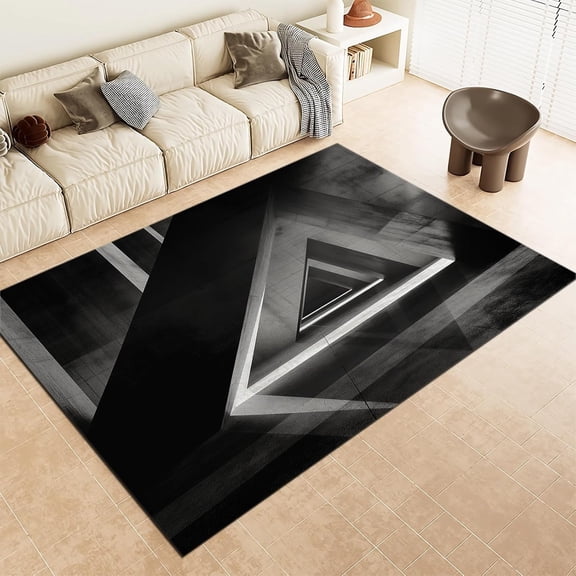 Area Rug Non-Slip Rug, Abstract Geometric Triangles Print Carpet, Machine Washable Black Rugs For Living Room Non-Shedding Floor Carpet Rugs For Bedroom Dining Room 4x5ft