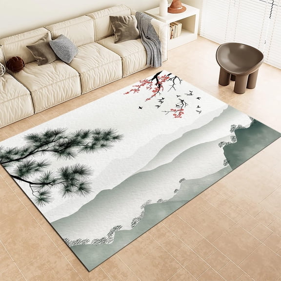 Area Rug Non-Slip Rug, Chinese Style Ink Painting Print Carpet, Machine Washable Light-Colored Rugs For Living Room Non-Shedding Floor Carpet Rugs For Bedroom Dining Room