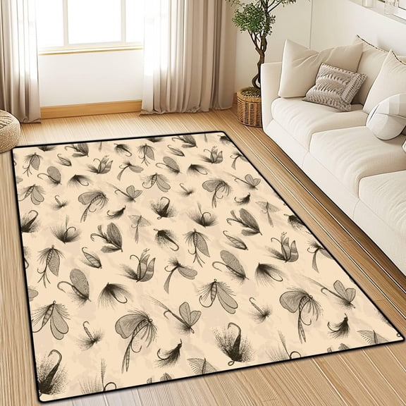 Area Rug Non-Slip Rug Fishing Theme Seamless Fly Flies Lures Vintage Sketch Style Indoor Outdoor Living Room Bedroom Kids Room Carpet Home Decor Doormat Yoga Mat Patio Floor Mat 1x2ft