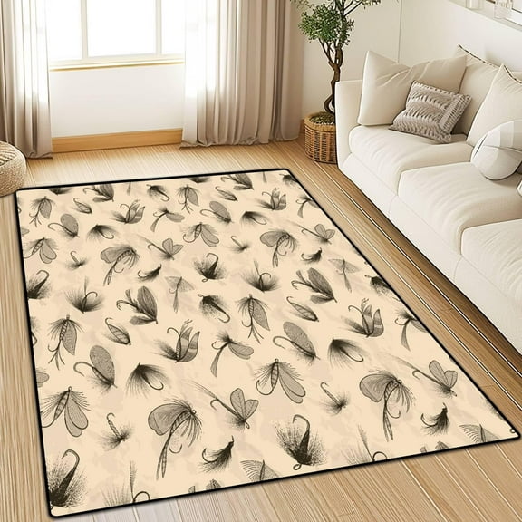 Area Rug Non-Slip Rug Fishing Theme Seamless Fly Flies Lures Vintage Sketch Style Indoor Outdoor Living Room Bedroom Kids Room Carpet Home Decor Doormat Yoga Mat Patio Floor Mat 3x5ft