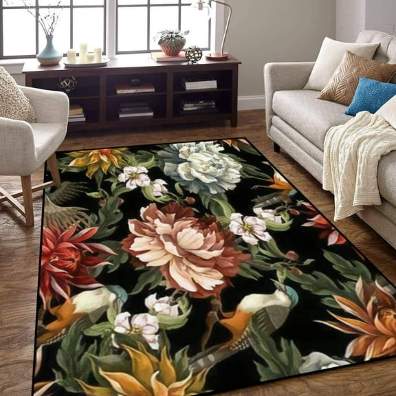 Area Rug Non-Slip Rug Ornate Seamless Vintage Peonies Roses Birds Indoor Outdoor Living Room Bedroom Carpet Home Decor Doormat Yoga Mat 4x6ft