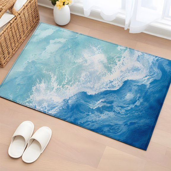Area Rug Ocean Waves Gradient Blue Rectangle Area Rugs Washable Rug for Living Room Bedroom Dining Room, Summer Coastal Nautical Theme Soft Non-slip Floor Carpet 2x3ft