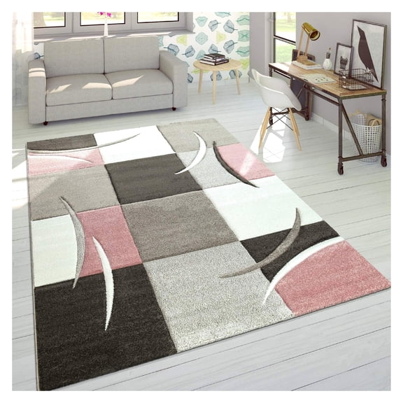 Area Rug,Pastel Check Pattern in Pink,Anthracite/Gray White Accents,Size 6 ft 7 in by 9 ft 6 in,Pink