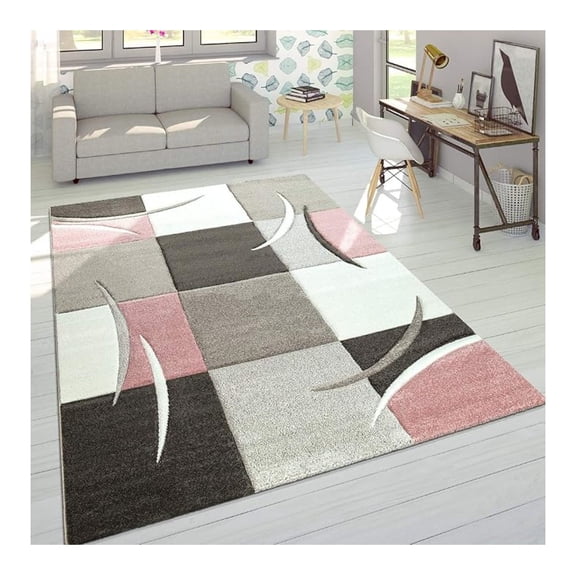 Area Rug Pastel Checked in Pink Anthracite/Gray White, Size:6'7" x 9'6"