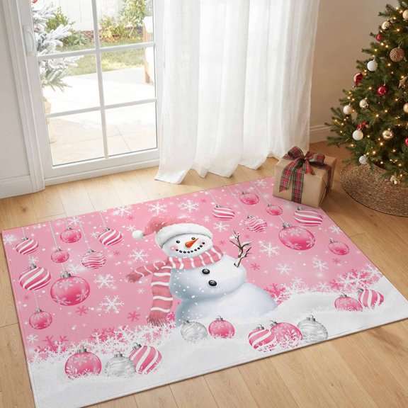 Area Rug Pink Christmas Snowman Xmas Ball Rectangle Area Rugs Washable Rug for Living Room Bedroom Dining Room, Winter Snowflakes Soft Non-slip Floor Carpet 2x3ft