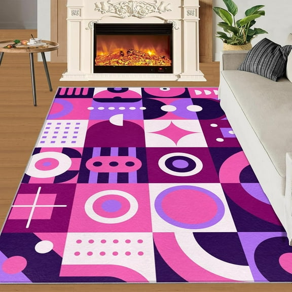 Area Rug Pink Purple Decorative Rug Geometric Modern Abstract Rectangle Square Living Room Rugs, Good Absorbency for Bedroom Kindergarten Playroom 5x7ft