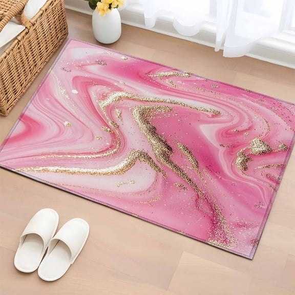 Area Rug Pink Water Ripple Gold Foil Rectangle Area Rugs Washable Rug for Living Room Bedroom Dining Room, Abstract Wave Minimalist Style Soft Non-slip Floor Carpet 2x3ft