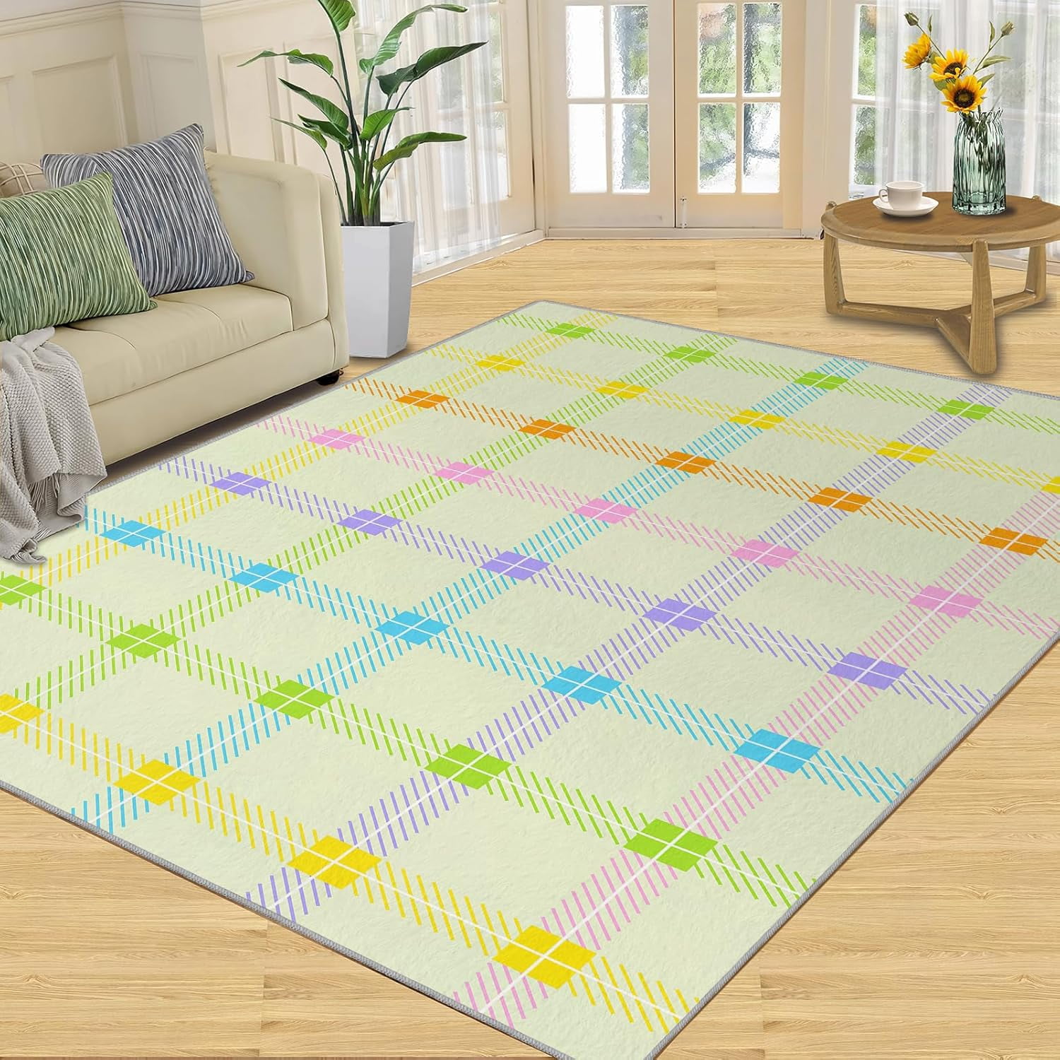 Area Rug Rainbow Grid Rug, Colorful World Rug for Living Room, Soft Non ...