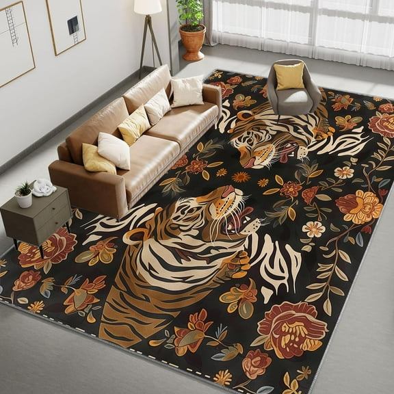 Area Rug Rectangle Carpet, African Style Tiger Flower Printed Pattern Area Rugs, Abstract Style Washable Rugs, With Nonslip Backing Carpet, For Indoor Bedroom Living Room Home Office