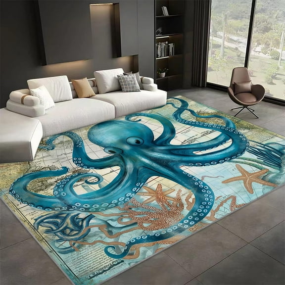 Area Rug Rectangle Carpet, Animal Octopus Coral Starfish Printed Pattern Area Rugs, Vintage Style Washable Rugs, With Nonslip Backing Carpet, For Indoor Bedroom Living Room Home Office
