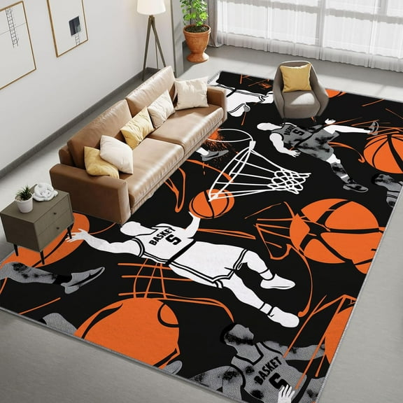 Area Rug Rectangle Carpet, Basketball Sports Stripes Printed Pattern Area Rugs, Cartoon Hand Drawing Washable Rugs, With Nonslip Backing Carpet, For Indoor Bedroom Living Room Home Office