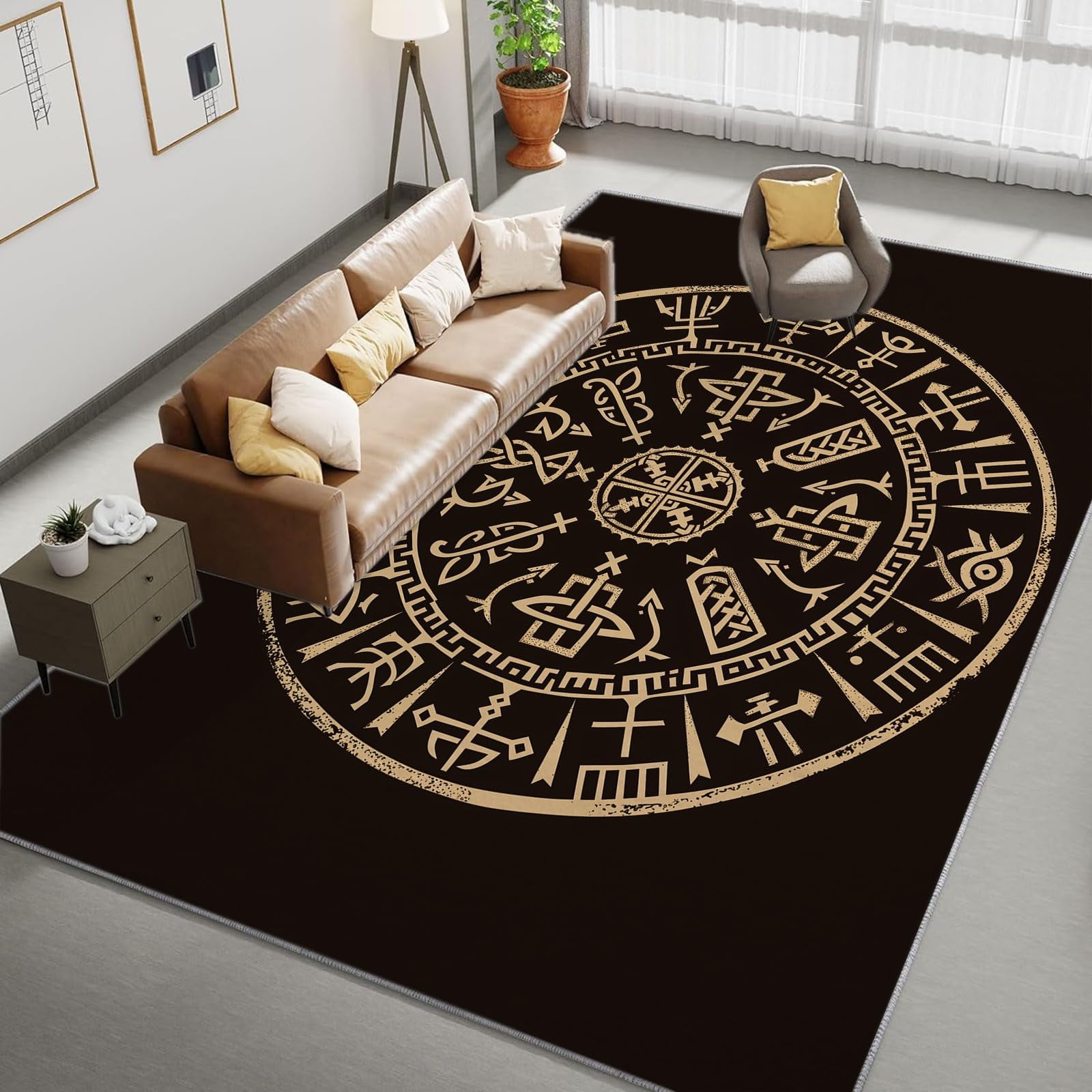 Area Rug Rectangle Carpet, Black Background Viking Printed Pattern Area ...