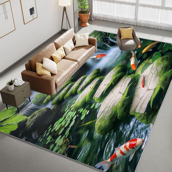 Area Rug Rectangle Carpet, Fantasy River Fish Moss Printed Pattern Area Rugs, Nature Scene Washable Rugs, With Nonslip Backing Carpet, For Indoor Bedroom Living Room Home Office