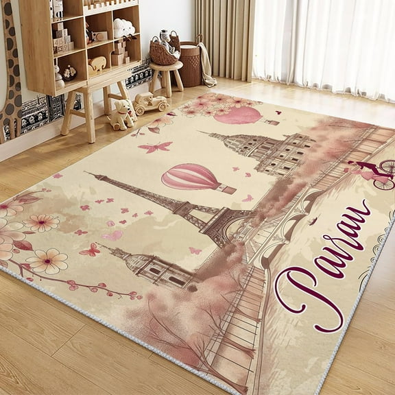 Area Rug Rectangle Carpet For Living Room, Romantic Paris Eiffel Tower Machine Washable Rug, Stain Resistant Non Slip Cream Rug For Bedroom Kitchen