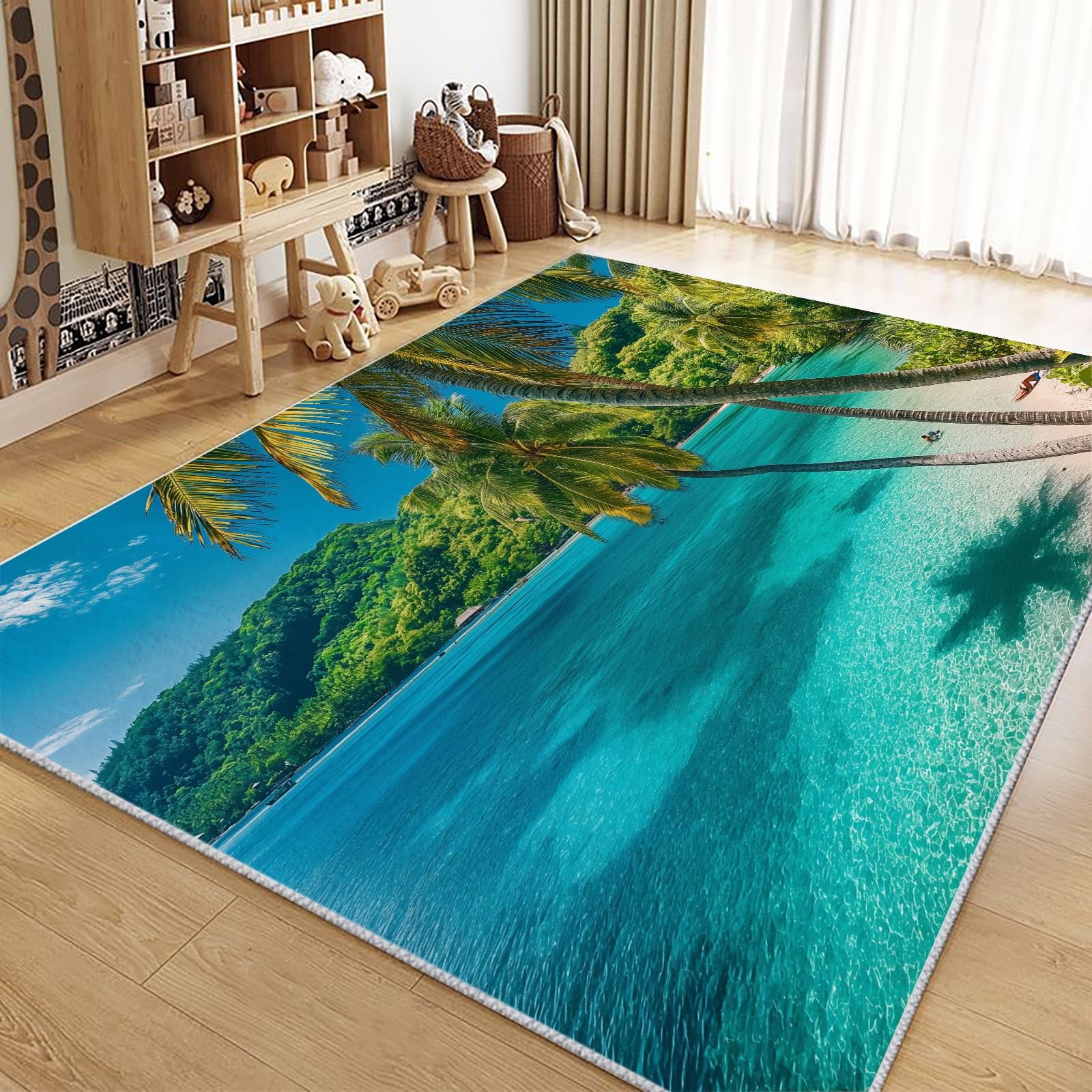 Area Rug Rectangle Carpet, Landscape Beach Palm Trees Machine Washable
