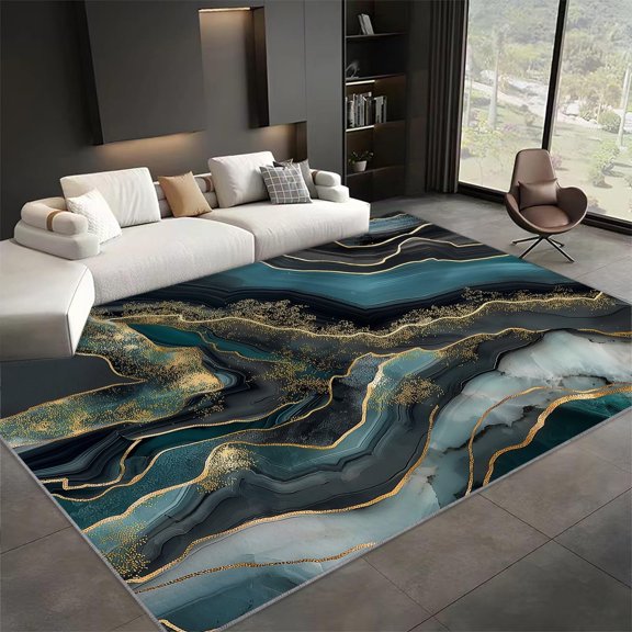 Area Rug Rectangle Carpet, Marble Cyan Agate Printed Pattern Area Rugs, Gold Stripes Washable Rugs, With Nonslip Backing Carpet, For Indoor Bedroom Living Room Home Office