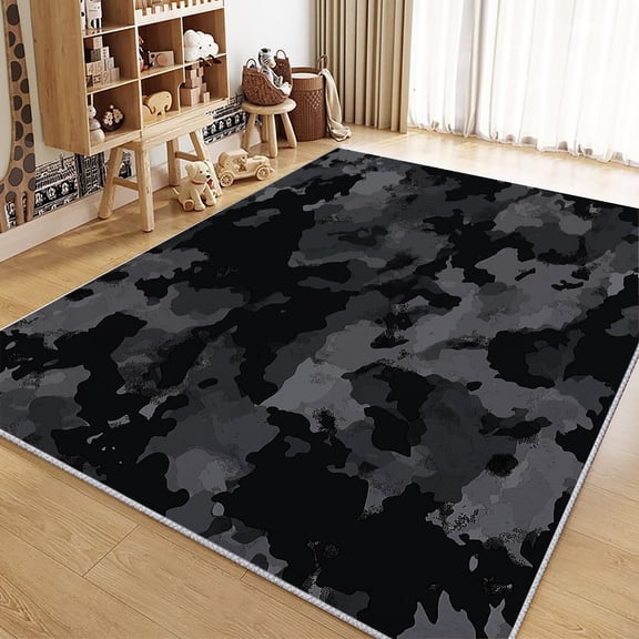 Area Rug Rectangle Carpet, Military War Camouflage Machine Washable Rug For Living Room, Stain Resistant Non Slip Dark Gray Decorative Carpet For Bedroom Kitchen