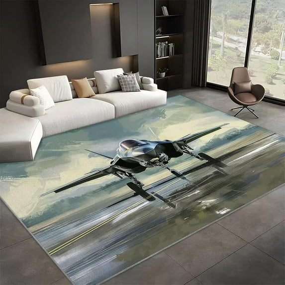 Area Rug Rectangle Carpet, Painting Aviation Airplane Machine Washable Rug For Living Room, Stain Resistant Non Slip Light Color Decorative Carpet For Bedroom Kitchen 5x7ft