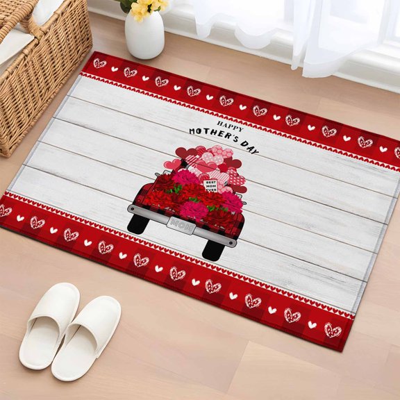 Area Rug Red Flower Heart Shapes Balloon Car on Wood Rectangle Area Rugs Washable Rug for Living Room Bedroom Dining Room, Mother's Day Red Soft Non-slip Floor Carpet 2x3ft