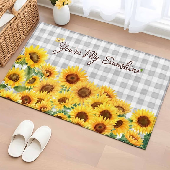 Area Rug Rustic Sunflower Buffalo Plaid Rectangle Area Rugs Washable Rug for Living Room Bedroom Dining Room, Spring Flower Plant Checkered Soft Non-slip Floor Carpet 2x3ft