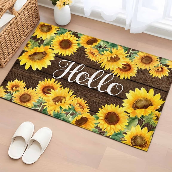 Area Rug Rustic Sunflower Hello Text Rectangle Area Rugs Washable Rug for Living Room Bedroom Dining Room, Spring Yellow Flower Brown Wood Soft Non-slip Floor Carpet 2x3ft
