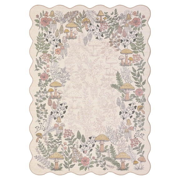 Area Rug Scalloped Floral Runner Washable Botanical Carpet for Bedroom, Living Room or Office