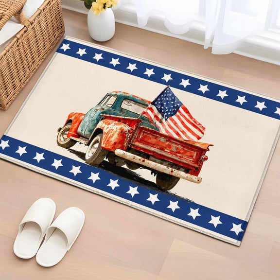 Area Rug Shabby Truck with USA Flag Rectangle Area Rugs Washable Rug for Living Room Bedroom Dining Room, 4th of July Star Stripe Soft Non-slip Floor Carpet 2x3ft