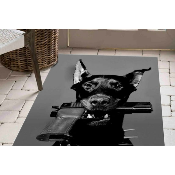 Area Rug, Soft Rugs, Black Dog And Gun Rug, Gun Rug, Step Rug, Popular Rug, Animal Rug, Modern Rug, Personalized Rugs, Black Rug, 2.6'x9.2' - 80x280 cm