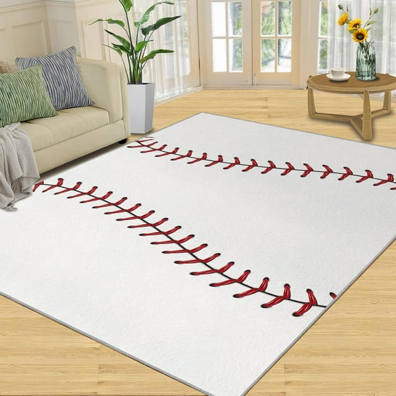 Area Rug Sports Baseball Fashion Red White Rugs for Living Room, Non-Slip Easy Clean Washable Carpet for Bedroom Indoor Office Apartment Study Room-5x7ft
