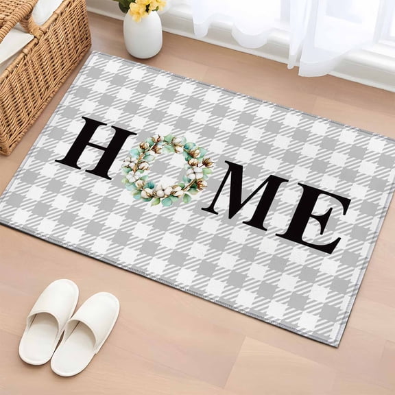 Area Rug Spring Eucalyptus Leaf Wreath Home Quote Gray Plaid Rectangle Area Rugs Washable Rug for Living Room Bedroom Dining Room, Farm Cotton Leaves Soft Non-slip Floor Carpet 2x3ft