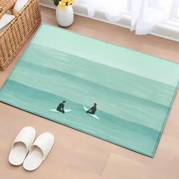 Area Rug Summer Beach Teal Ocean Waves Rectangle Area Rugs Washable Rug for Living Room Bedroom Dining Room, Marine Surfers on Boards Soft Non-slip Floor Carpet 2x3ft