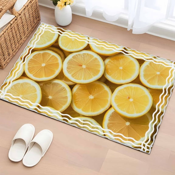 Area Rug Summer Fruit Lemon Slices Rectangle Area Rugs Washable Rug for Living Room Bedroom Dining Room, White Wave Stripes Soft Non-slip Floor Carpet 2x3ft