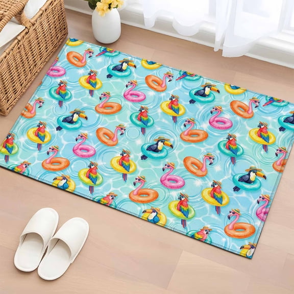 Area Rug Summer Pool Float Swim Rings Rectangle Area Rugs Washable Rug for Living Room Bedroom Dining Room, Tropical Flamingo Birds Soft Non-slip Floor Carpet 2x3ft