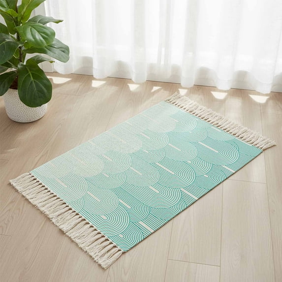 Area Rug with Tassels 2' x 3', Abstract Boho Gradient Line Kitchen Runner Rug for Hallway Bedroom Throw Rugs, Modern Geometric Stipe Soft Door Mat for Bathroom Entrance Living Room