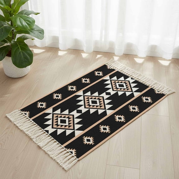 Area Rug with Tassels 2' x 3', Abstract Boho Tribal Geometric Kitchen Runner Rug for Hallway Bedroom Throw Rugs, Retro Ethnic Aztec Pattern Soft Door Mat for Bathroom Entrance Living Room